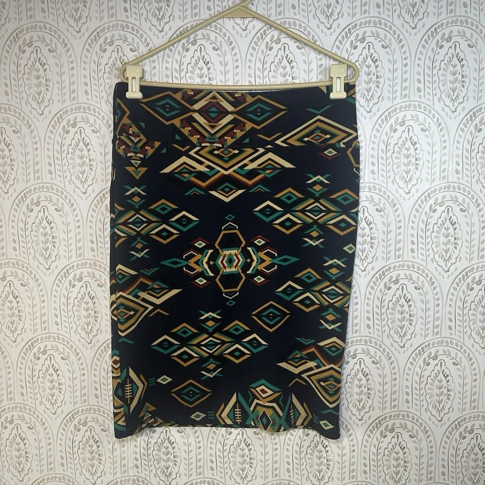 LULAROE Size Large Southwest Print Black Skirt Cassie Comfy Stretch Aztec Womens